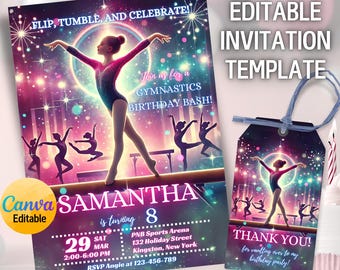 Faire-part d'anniversaire de gymnastique modifiable, invitation de gymnastique pour les filles, invitation de gymnastique pour filles, invitation de saut et de jeu, invitation numérique