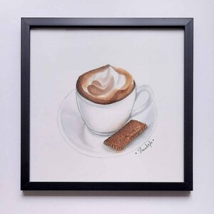 Dipinto originale di Café con leche, dipinto con acquerelli e matite colorate