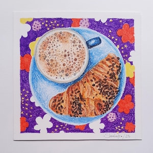 Dipinto originale di Caffè con Latte e Croissant con tovaglia stampata, dipinto con cere del marchio Manley