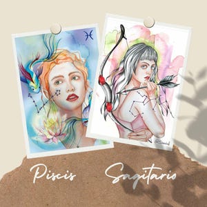 ARKUSZE ILUSTRACJI-HOROSKOPÓW: Ryby, Strzelec, Byk, Panna / Oryginalny druk