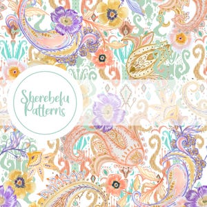 Könnte beinhalten: Ein farbenfrohes Blumenmuster mit Paisley- und Blumenelementen in Lila, Orange, Gelb und Türkis. Das Design enthält den Text "Sherebefu Patterns" in einem kreisförmigen Logo.