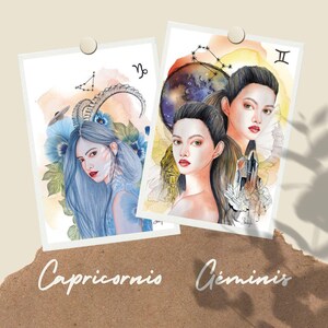 SCHEDE ILLUSTRATIVE-OROSCOPI: Capricorno, Gemelli, Leone, Bilancia / Stampa originale