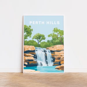 Póster de viaje de las cascadas de Perth Hills / Arte mural con paisajes de WA / Impresiones de monumentos de Perth, Australia Occidental