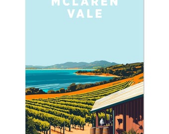 Póster de viaje de McLaren Vale / Arte mural costero / Impresiones de lugares emblemáticos de Australia del Sur y la región vinícola
