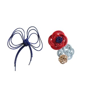 Japanese Mizuhiki Knot Earrings - Navy & Red Ribbon and Flower Design