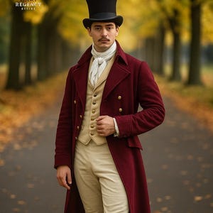 May include: A man in a burgundy overcoat, beige vest, and trousers, and a black top hat. The outfit is reminiscent of Regency era attire. The image includes the text "Regency Attire" with a graphic of a horse and rider.
