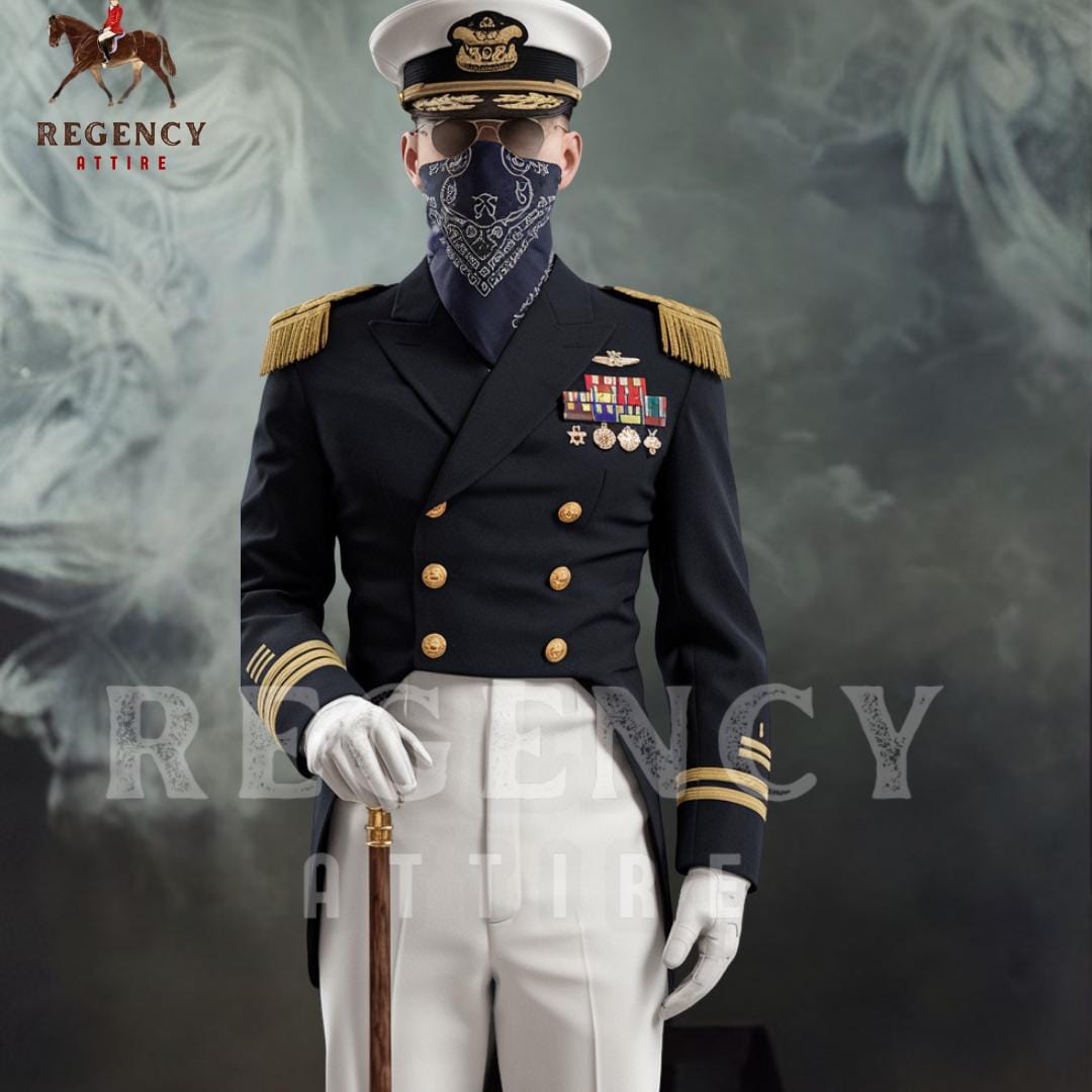 Men's Regency Naval Officer Uniform, Military Tailcoat, Gold Trim Reenactment Costume