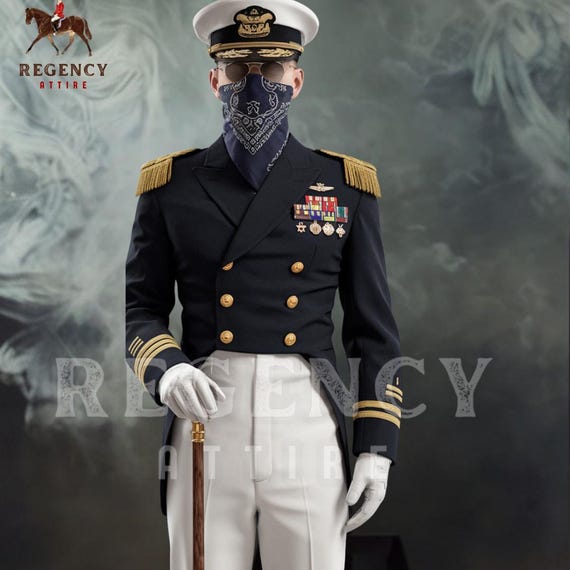 Men's Regency Naval Officer Uniform, Military Tailcoat, Gold Trim Reenactment Costume