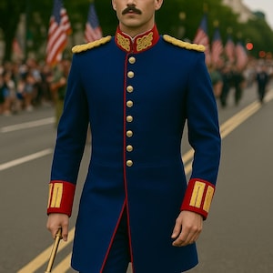 May include: A blue military-style coat with gold accents, red trim, and gold buttons. The coat has gold epaulets and red cuffs with gold embroidery. The person is holding a gold scepter. The text "REGENCY ATTIRE" is at the bottom.