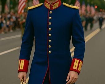 May include: A blue military-style coat with gold accents, red trim, and gold buttons. The coat has gold epaulets and red cuffs with gold embroidery. The person is holding a gold scepter. The text "REGENCY ATTIRE" is at the bottom.