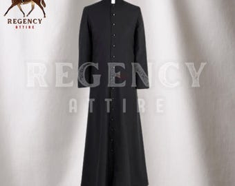 May include: A black cassock with a stand-up collar and button closure. The cassock is long and flowing, reaching to the ankles. It is a traditional garment worn by clergy.