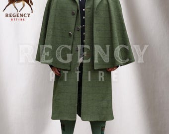 May include: A green tweed overcoat with a cape, featuring a checked pattern and button fastenings. The coat is worn over a waistcoat and a black tie.