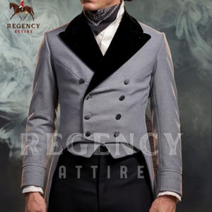 Men&#39;s Grey Regency Frock Coat | Black Lapel Tailcoat Jacket | Georgian Period Costume | Formal Historical Outfit | Cosplay & Theatrical Wear