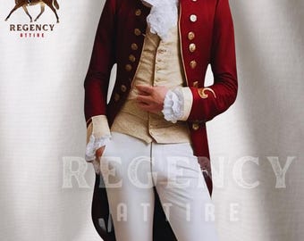 May include: A red and gold men's coat with a white waistcoat and white trousers. The coat has gold buttons and gold trim. The text "Regency Attire" is visible on the image.