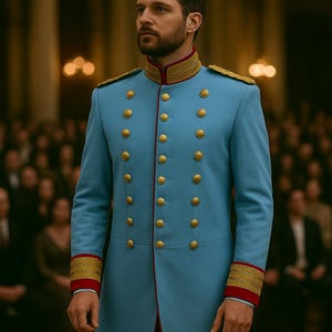 Peut inclure: Veste bleu clair de style militaire avec des boutons dorés, des bordures et des épaulettes. La veste a un col montant et des accents rouges sur les poignets et les bords. Le texte "REGENCY ATTIRE" est en bas.