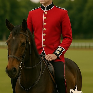 Peut inclure: Une personne à cheval portant une veste rouge à boutons dorés, un pantalon noir et un col blanc. La veste a des bordures noires et des poignets blancs. Le cheval est brun avec un bridon foncé. Le logo "REGENCY REVERIE" est en bas à droite.