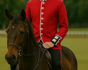 May include: A person on horseback wearing a red jacket with gold buttons, black pants, and a white collar. The jacket has black trim and white cuffs. The horse is brown with a dark bridle. The logo "REGENCY REVERIE" is in the bottom right corner.