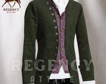 May include: A dark green long coat with a high collar and gold buttons. The coat is worn over a white shirt, a purple vest with a floral pattern, and a white cravat. The text "REGENCY ATTIRE" is visible on the image.