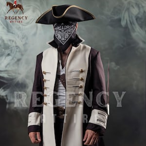 Men’s Pirate Frock Coat | Colonial Officer Costume |  Steampunk Jacket | Historical Reenactment Outfit | 18th Century Cosplay Tricorn Look