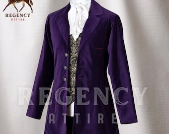 May include: A purple velvet jacket with a gold and black patterned waistcoat. The jacket has a high collar and a single button fastening. The text "Regency Attire" is visible on the image.