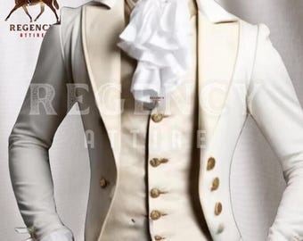 May include: A white suit jacket with a white vest and a white ruffled shirt. The jacket has gold buttons and a high collar.