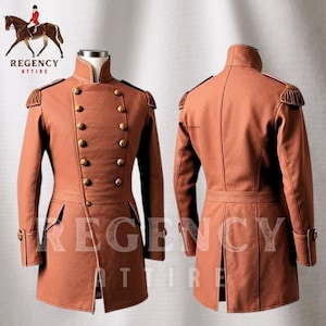 May include: A brown double-breasted coat with gold buttons and a high collar. The coat has a long, pointed tail and is made of a thick, textured fabric. The coat is shown from the front and back. The text "Regency Attire" is visible on the image.