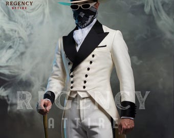 アイボリーリージェンシー燕尾服スーツ - 黒ベルベットの男性用ビクトリア朝スチームパンクコスチューム