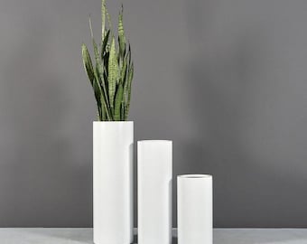 May include: Three white cylindrical planters of varying heights. The tallest planter holds a snake plant with green and yellow striped leaves. The planters are arranged on a light gray surface against a darker gray background.