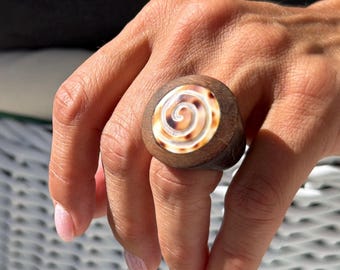 Wood-carved Seashell Ring