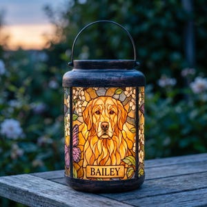 Op de afbeelding: Een cilindrische lantaarn met een donker metalen frame en handvat, voorzien van een glas-in-loodpaneel met een golden retriever omringd door witte bloemen en een paarse vlinder. De naam BAILEY staat op een rechthoekig plaatje onderaan.