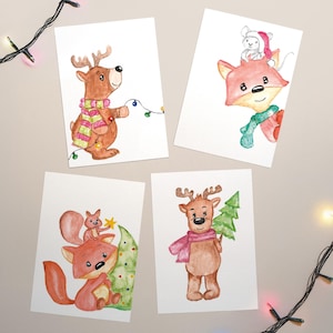 Cartoline di Natale ad acquerello - Biglietti d'auguri unici - Set di biglietti d'auguri originali - Biglietti d'auguri di Natale illustrati