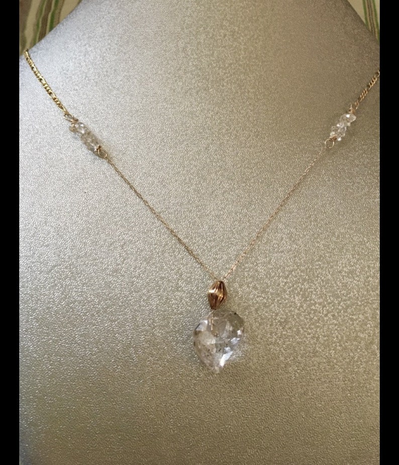 14k solid gold 12x8 mm Herkimer diamond with 4x6 gold bead pendant on 19 inch gold chain necklace