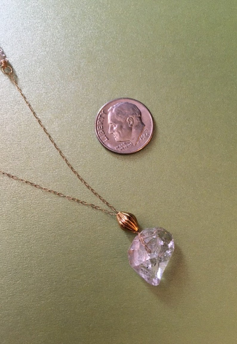 14k solid gold 12x8 mm Herkimer diamond with 4x6 gold bead pendant on 19 inch gold chain necklace