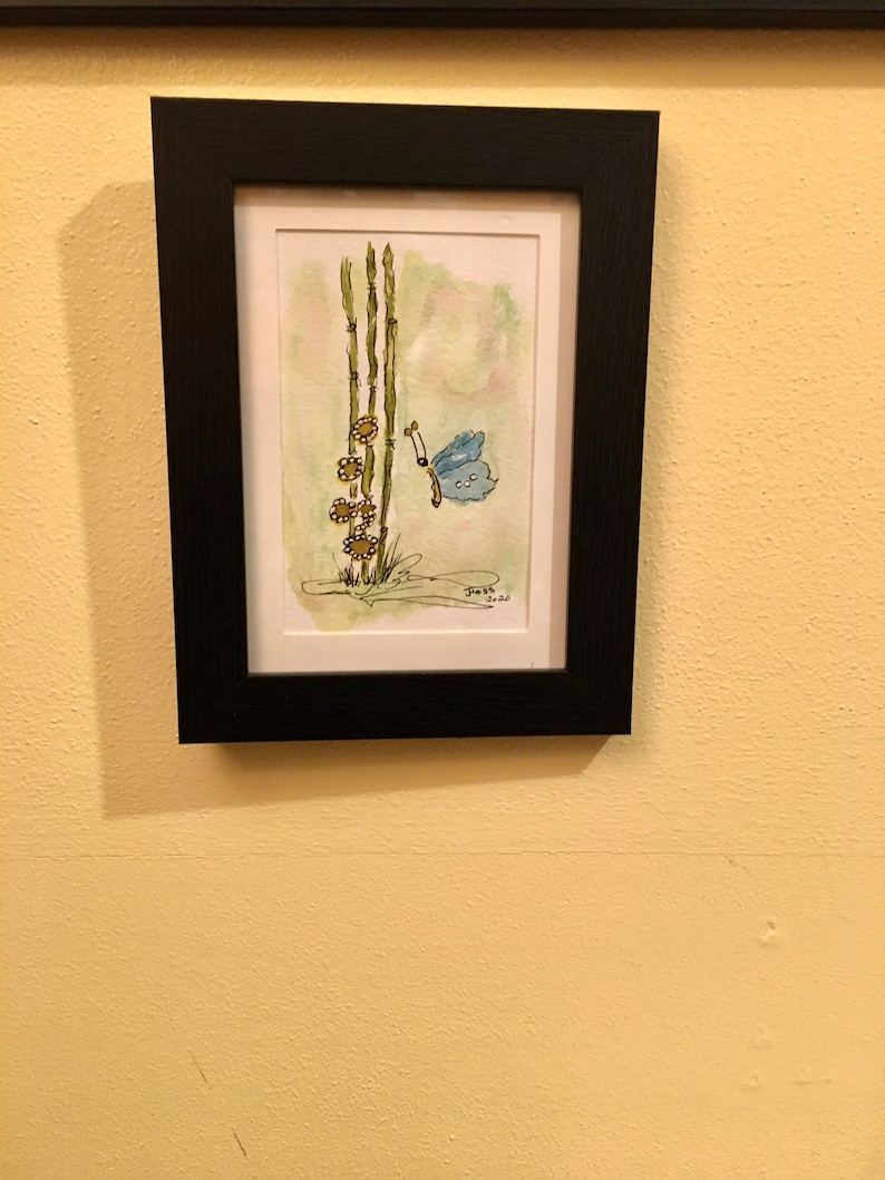 Original abstract watercolor and ink bamboo with flowers and butterfly one of a kind painting
