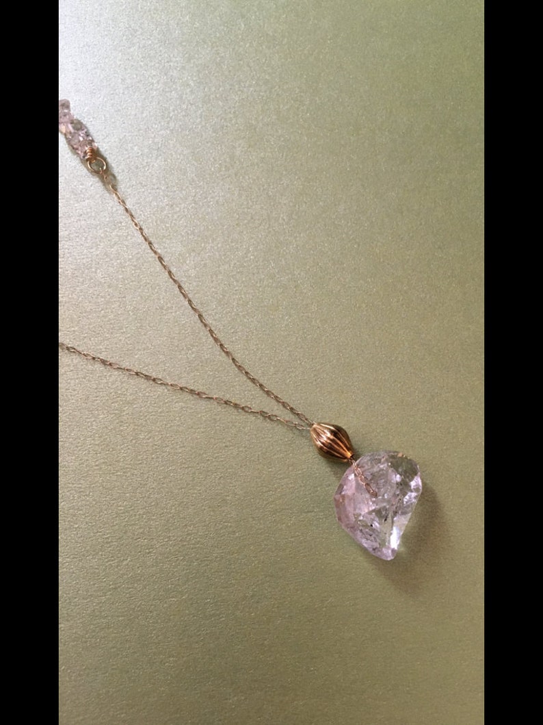 14k solid gold 12x8 mm Herkimer diamond with 4x6 gold bead pendant on 19 inch gold chain necklace