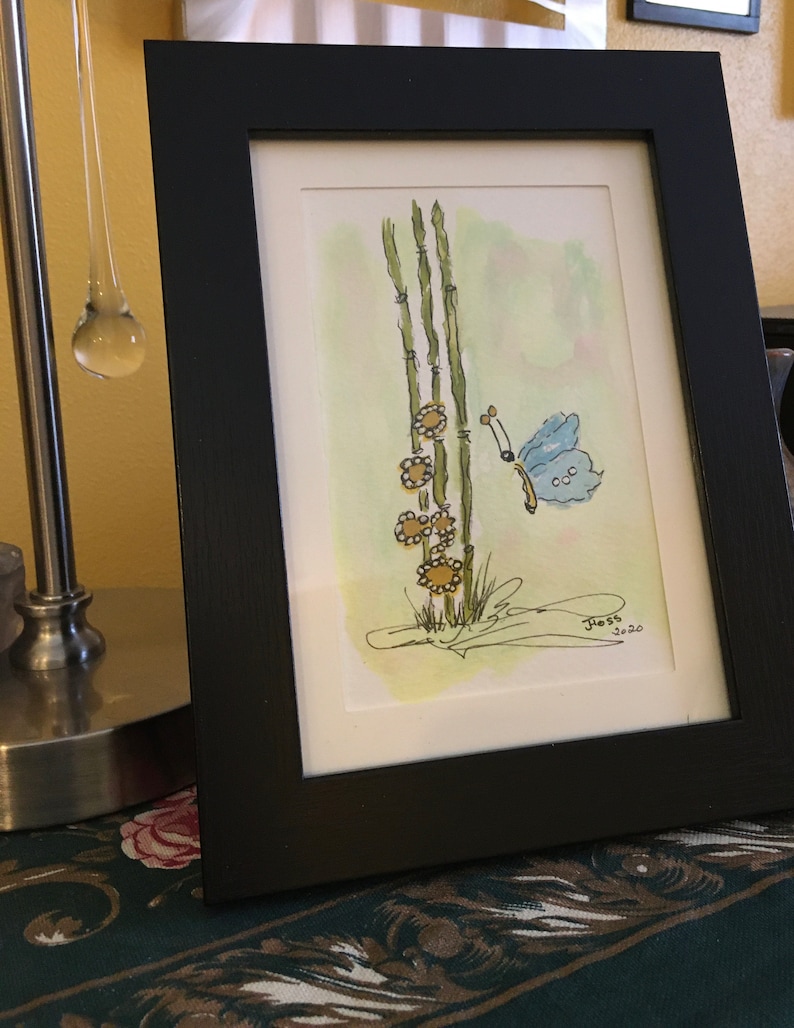 Original abstract watercolor and ink bamboo with flowers and butterfly one of a kind painting