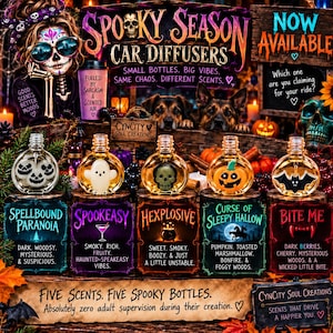 May include: Five round glass car diffusers featuring Halloween-themed charms including ghosts, skulls, pumpkins, and bats. Each bottle is labeled with names like Spellbound Paranoia, Spookeasy, Hexplosive, Curse of Sleepy Hallow, and Bite Me with scent descriptions.