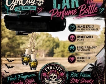 Skull Car Diffuser | Hanging Air Freshener, Essential Oil Perfume Bottle, Spooky Charm