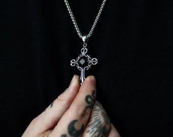 Silver Gothic Cross and Gemstone Pendant Necklace: Stainless Steel Alternative Jewellery