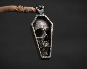 Dark Silver Gothic Skull Coffin Necklace: Alternative Stainless Steel Pendant