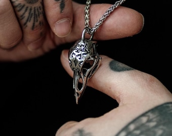 Stainless Steel Raven Bird Skull Pendant Necklace: Steampunk Gothic Silver Jewelry