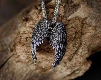 Large Detailed Angel Wings Pendant Necklace: Silver Memorial Remembrance Gift