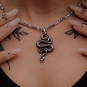May include: A silver snake pendant necklace. The pendant features a coiled snake design with a small, clear stone at the head. The chain is a woven style. The background is a black top.