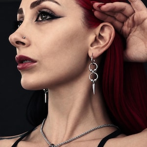 Gothic Silver Spike Double Drop Earrings in Stainless Steel: Industrial Punk Double Ring Hoop Earrings