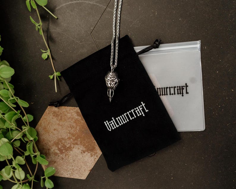 Pode incluir: Um colar com pingente prateado com um design ornamentado &eacute; exibido sobre uma bolsa preta com cord&atilde;o. A bolsa tem a palavra "Valmurcraft" impressa em branco. Uma bolsa de pl&aacute;stico transparente com o mesmo texto tamb&eacute;m &eacute; vis&iacute;vel. Folhagem verde e uma telha hexagonal marrom no fundo.