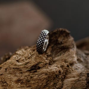Peut inclure: Une bague en argent avec un motif texturé en forme d'écailles. La bague est présentée sur un morceau de bois vieilli, avec un arrière-plan flou. Le design détaillé de la bague est adapté au quotidien ou aux occasions spéciales.