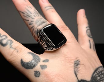 Large Black Onyx Stainless Steel Signet Ring: Decorative Silver Ring for Men