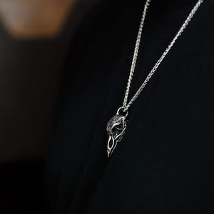 Pode incluir: Um colar com pingente prateado com design de cr&acirc;nio de corvo. O pingente pende de uma corrente fina. O colar &eacute; usado contra uma camisa preta, criando um contraste marcante. O cr&acirc;nio de corvo tem detalhes intrincados.