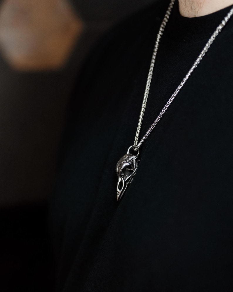 Pode incluir: Um colar com pingente prateado com design de cr&acirc;nio de corvo. O pingente pende de uma corrente fina. O colar &eacute; usado contra uma camisa preta, criando um contraste marcante. O cr&acirc;nio de corvo tem detalhes intrincados.