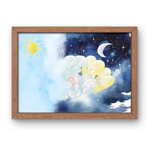 print for children's room, kawaii style watercolor, baby room decoration, digital download, starry sky, blue sky, day, night